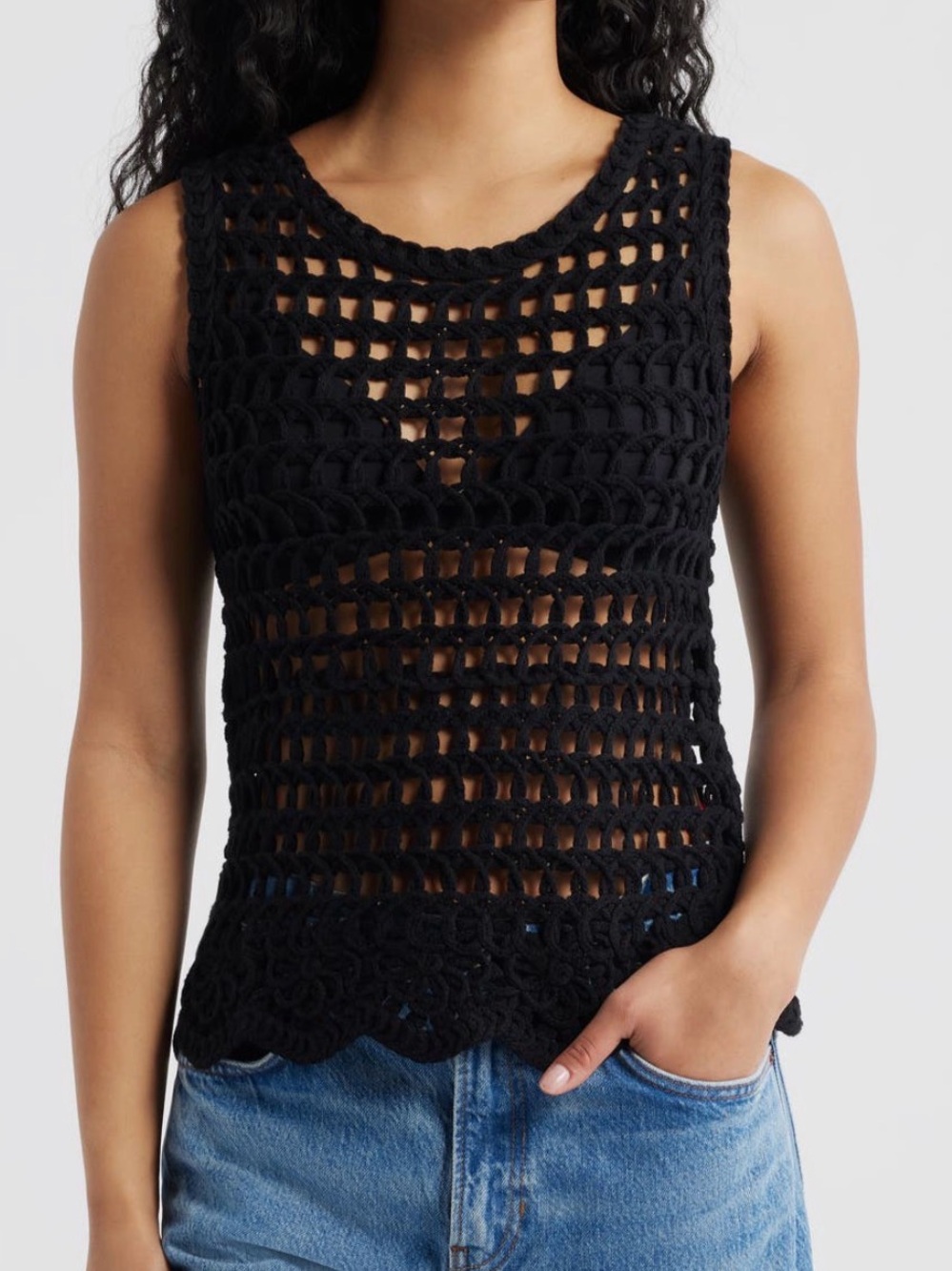 New! Black Chunky Knit Open-Weave Tank Top – Boho Coastal Summer Style NWT